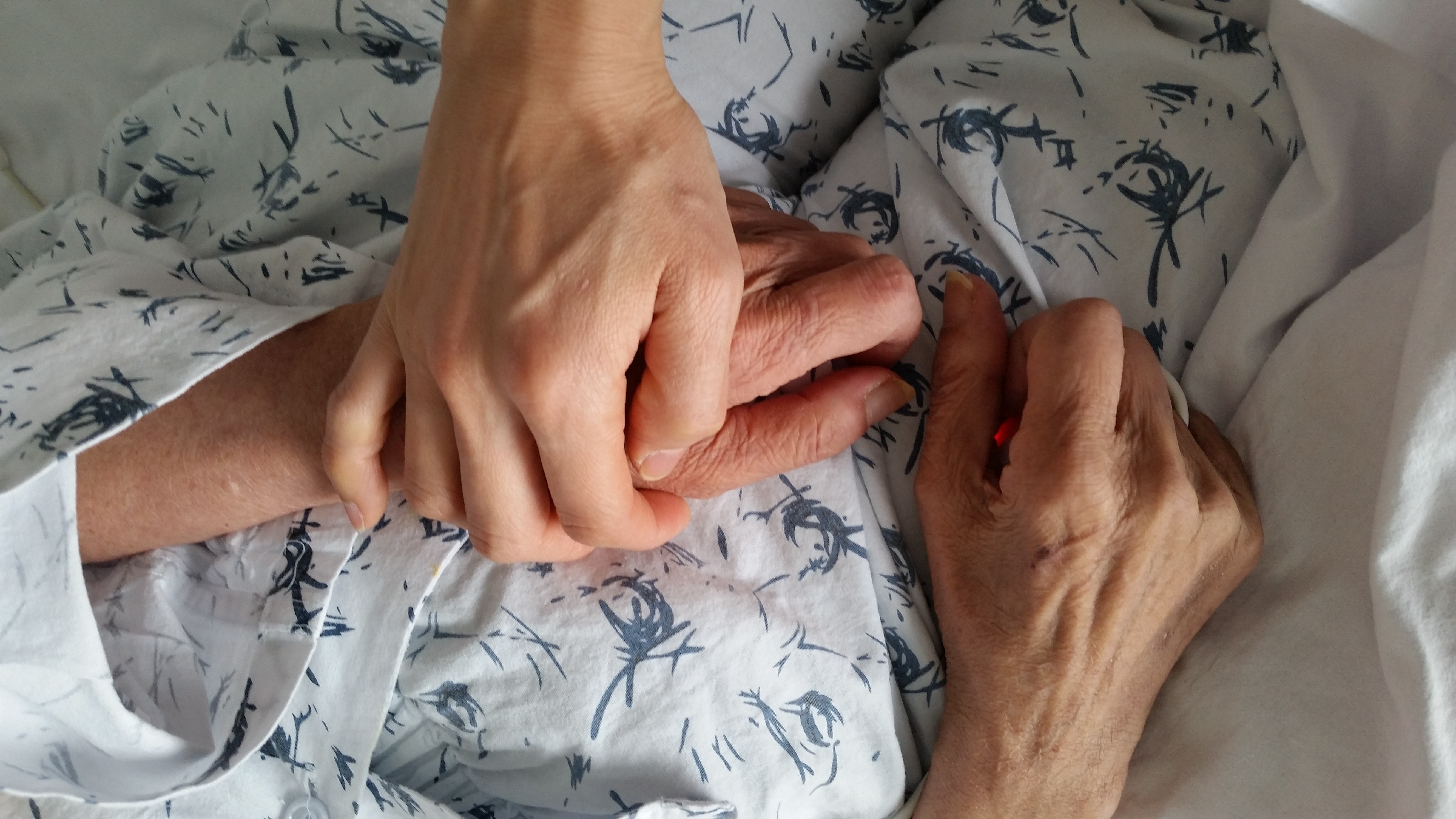 holding elderly family member's hand in hospital during end-of-life care
