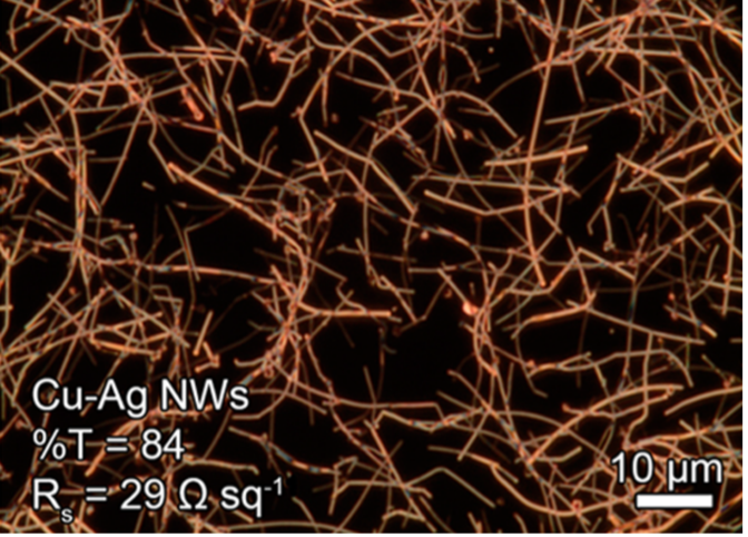 A dark field optical microscopy image of copper-silver nanowires adapted from issued US Patent 10,354,773 figure F.