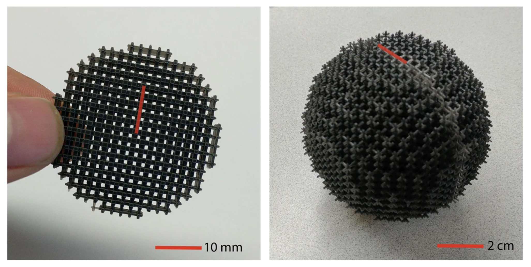 Photos of the two proof-of-principle acoustic Luneberg lenses described by the inventors. (Source: cropped Figure 1 from Xie, Y., Fu, Y., Jia, Z. et al. Acoustic Imaging with Metamaterial Luneburg Lenses. Sci Rep 8, 16188 (2018). https://doi.org/10.1038/s41598-018-34581-7. To view a copy of this license, visit http://creativecommons.org/licenses/by/4.0/.)